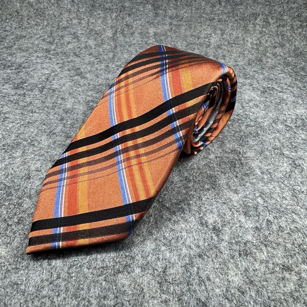 Perry Ellis Silk Tie Men's‎ Orange Blue Black Plaid 100% Silk Classic Business